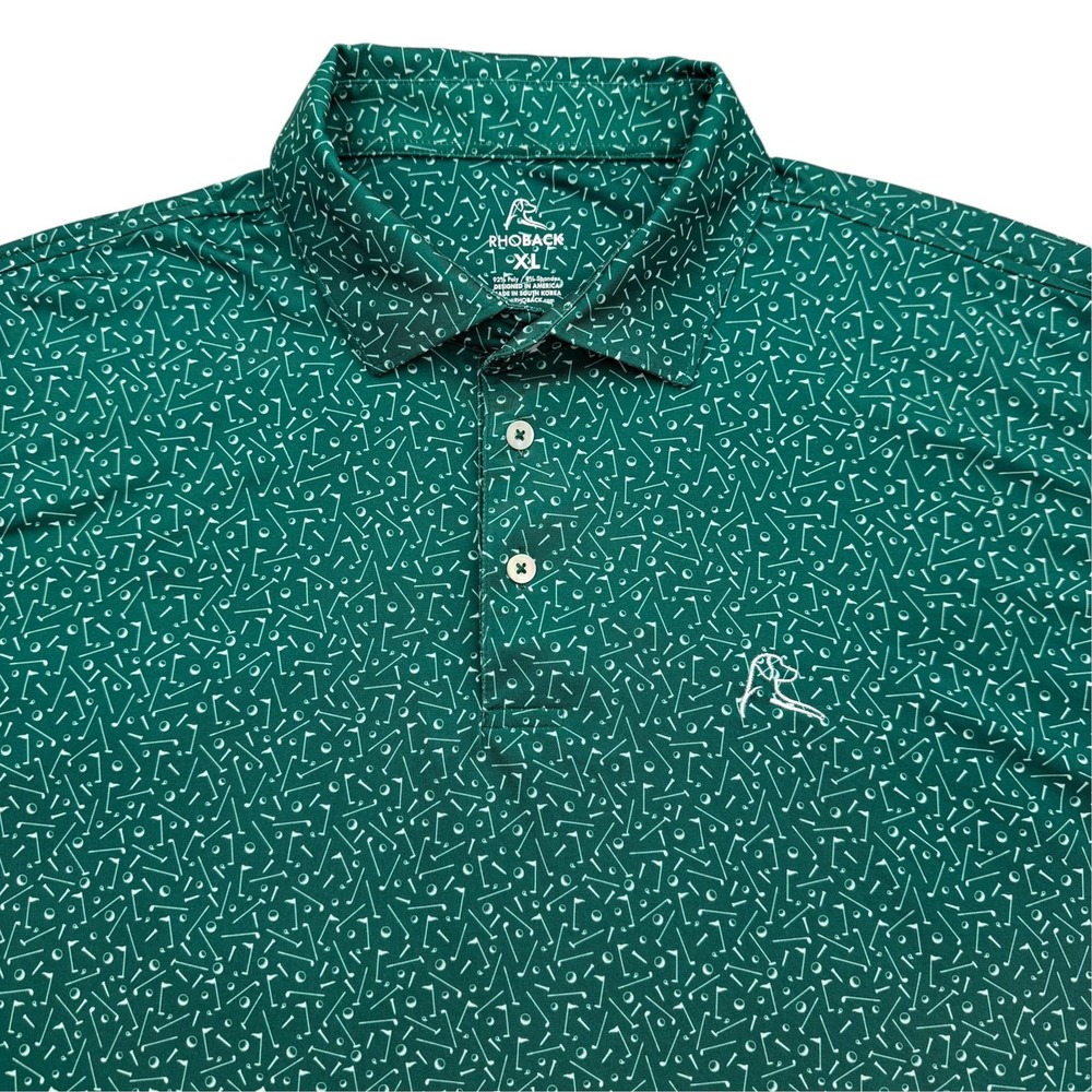 Rhoback Polo Shirt Mens XL Green Graphic Print Polyester Spandex Golf Tagless